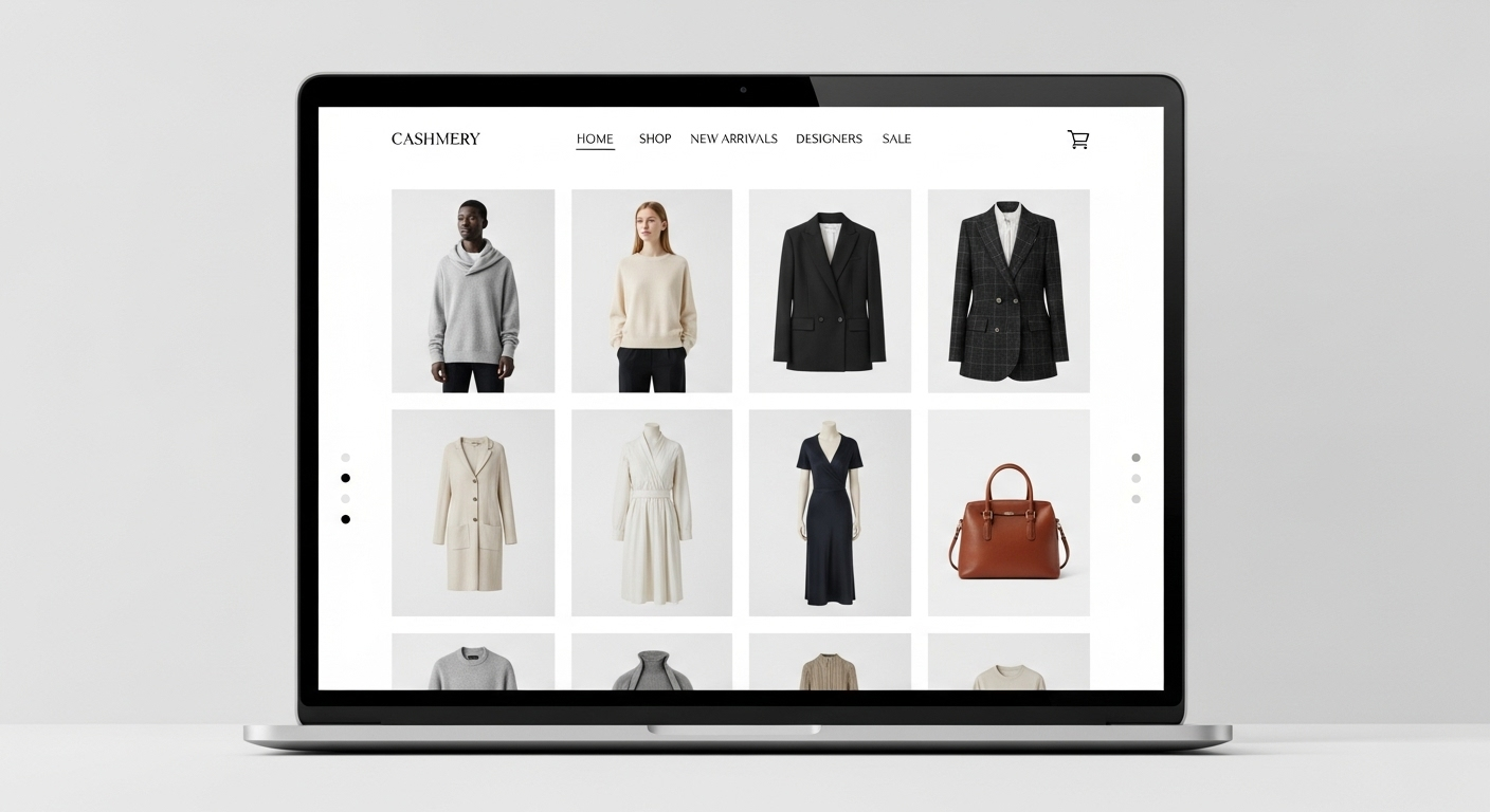 Luxury fashion e-commerce website showing product grid and elegant minimal design